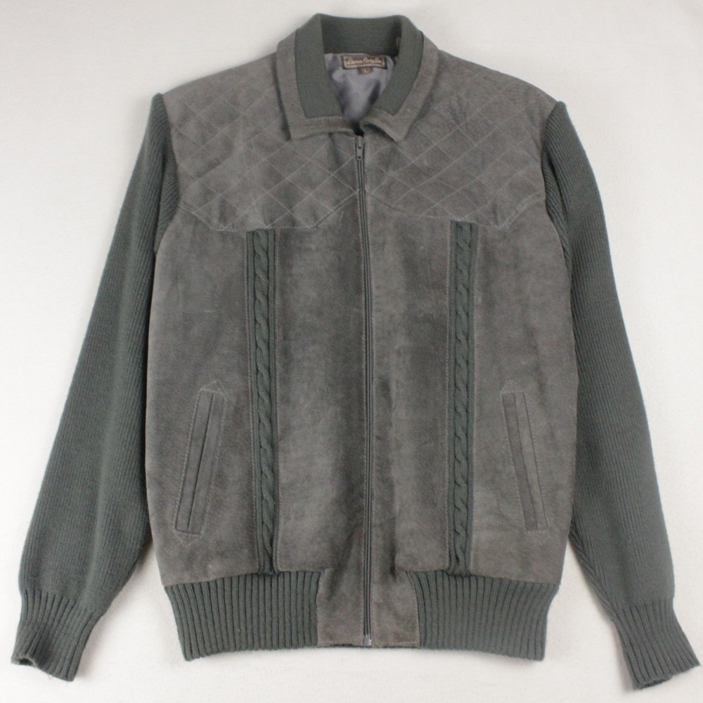 Vintage 90s Mens L Full Zip Sweater Suede Leather Grandpa Western Heritage Knit